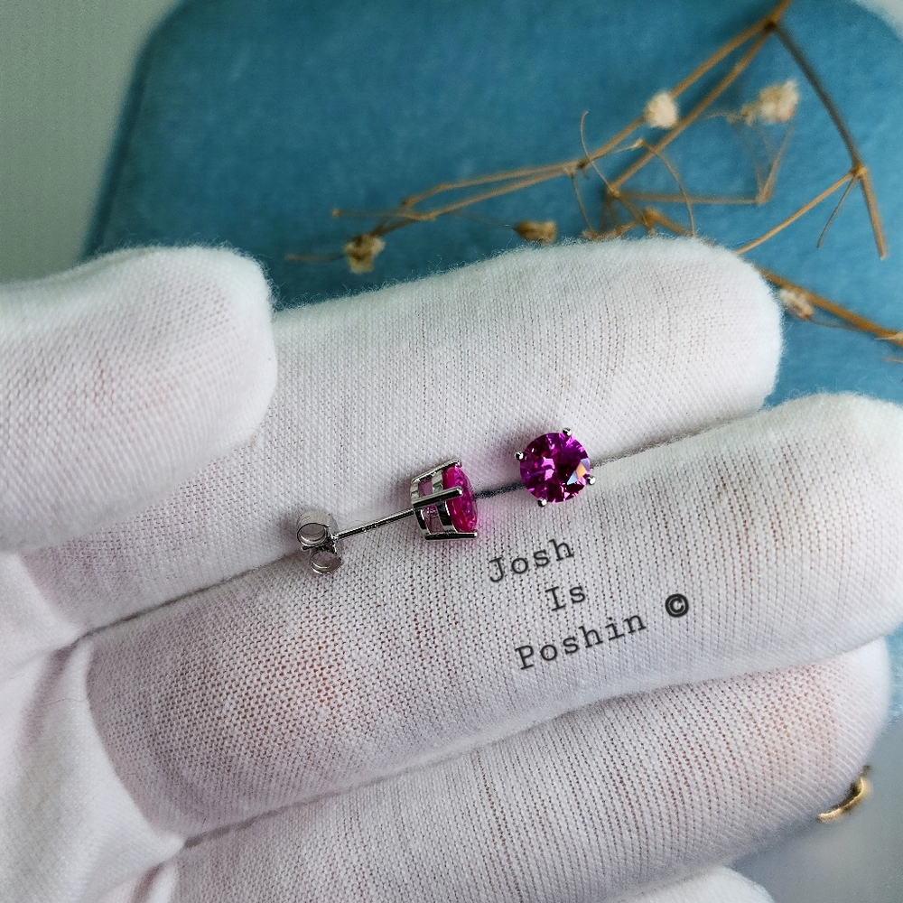 2CTW Hot Pink Sapphire Stud Earrings In Sterling Silver - Picture 5 of 9